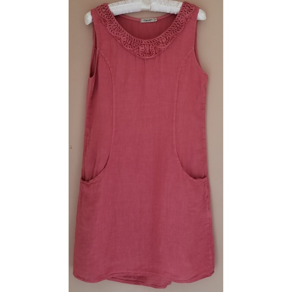 LUNGO LARNO Dress Womens S Rose--*tte Neck Pocket Stretchy Sides 100% Linen